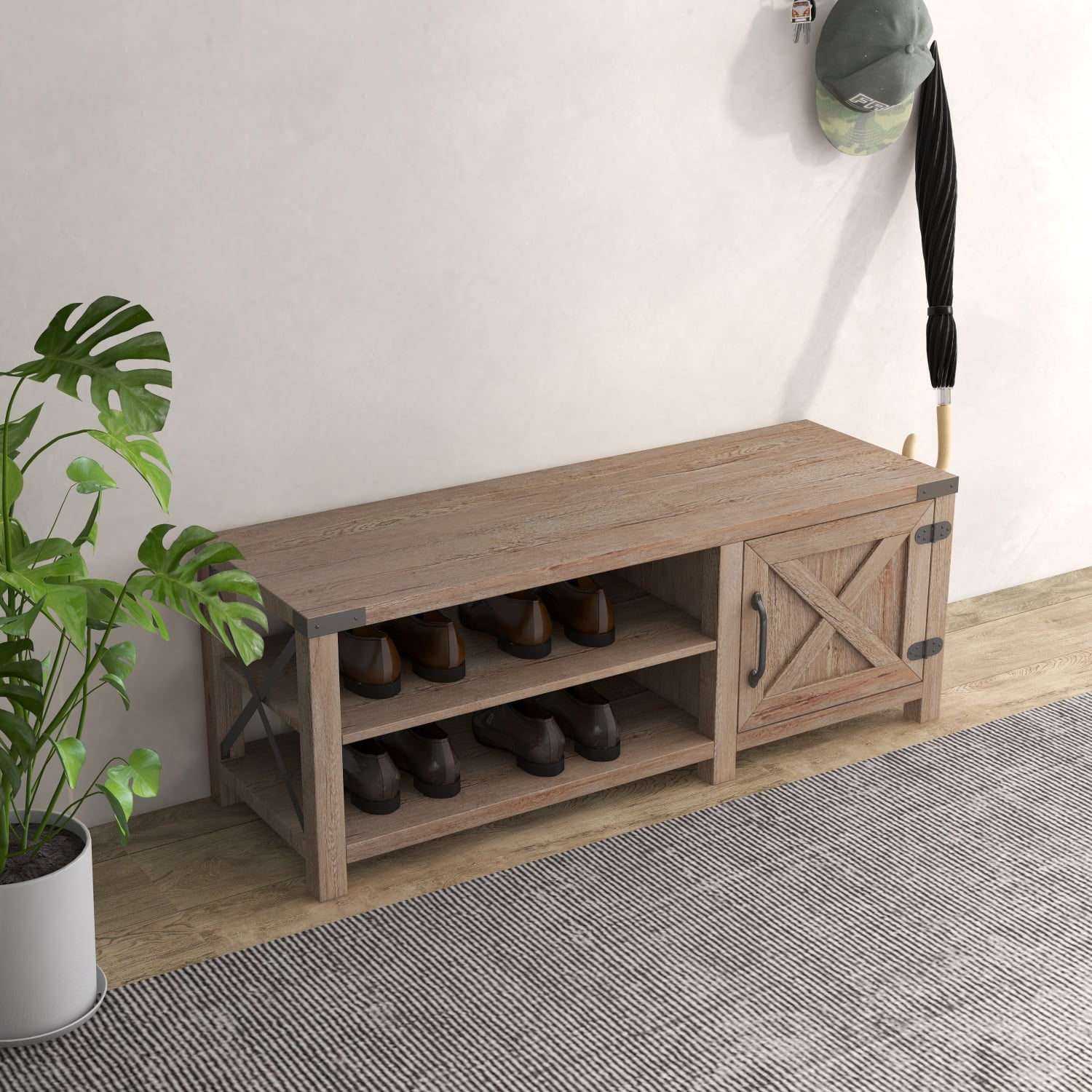 Kadyn Modern Farmhouse Shoes Bench, Particle Board Bench for Entryway Living Room, Light Brown Shoes Bench, Tobacco Wood, Without Seat Cushion
