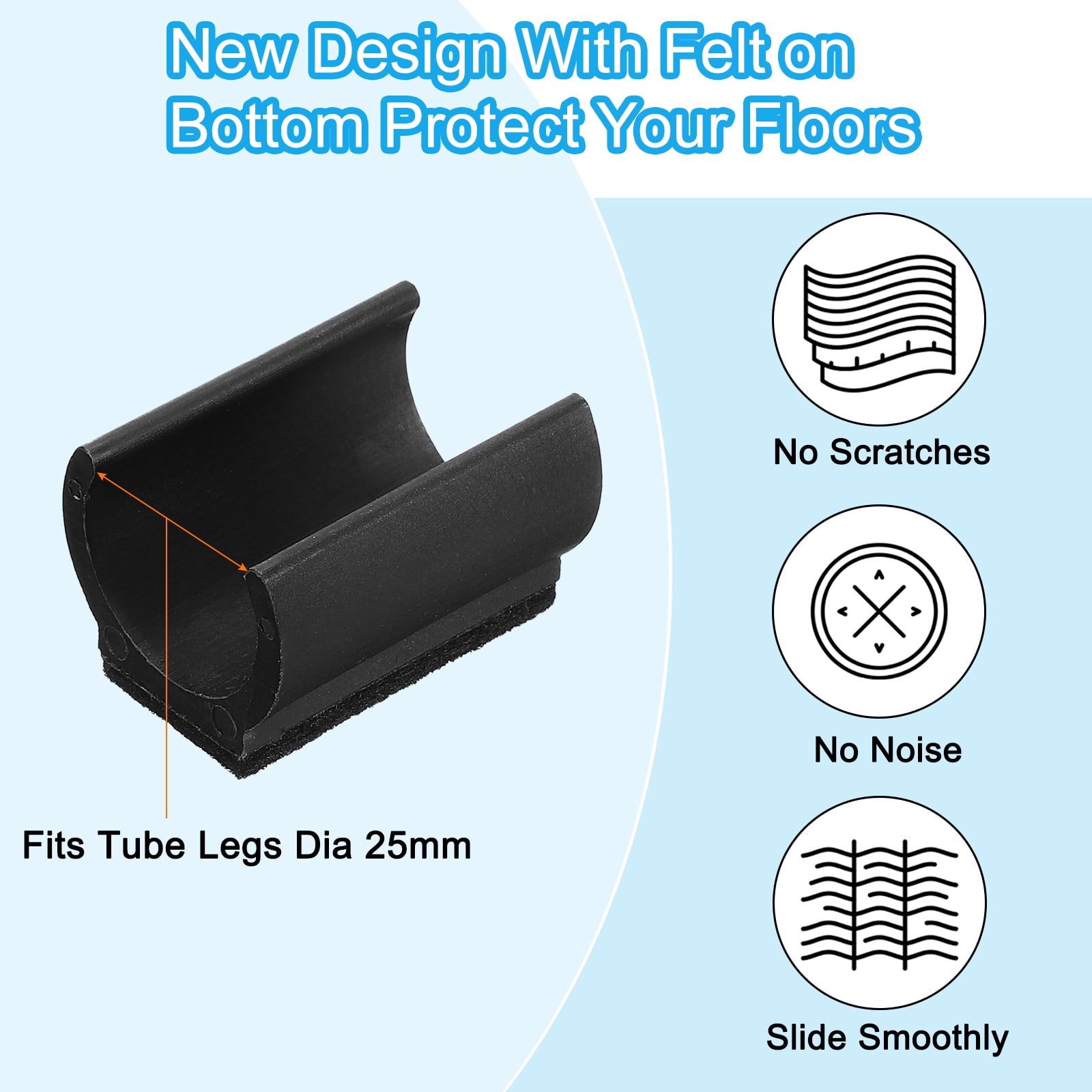 Uxcell 50 Pack Rectangle U Shaped Chair Leg Tip Cap with Felt Pad Fit Dia 0.98" Black