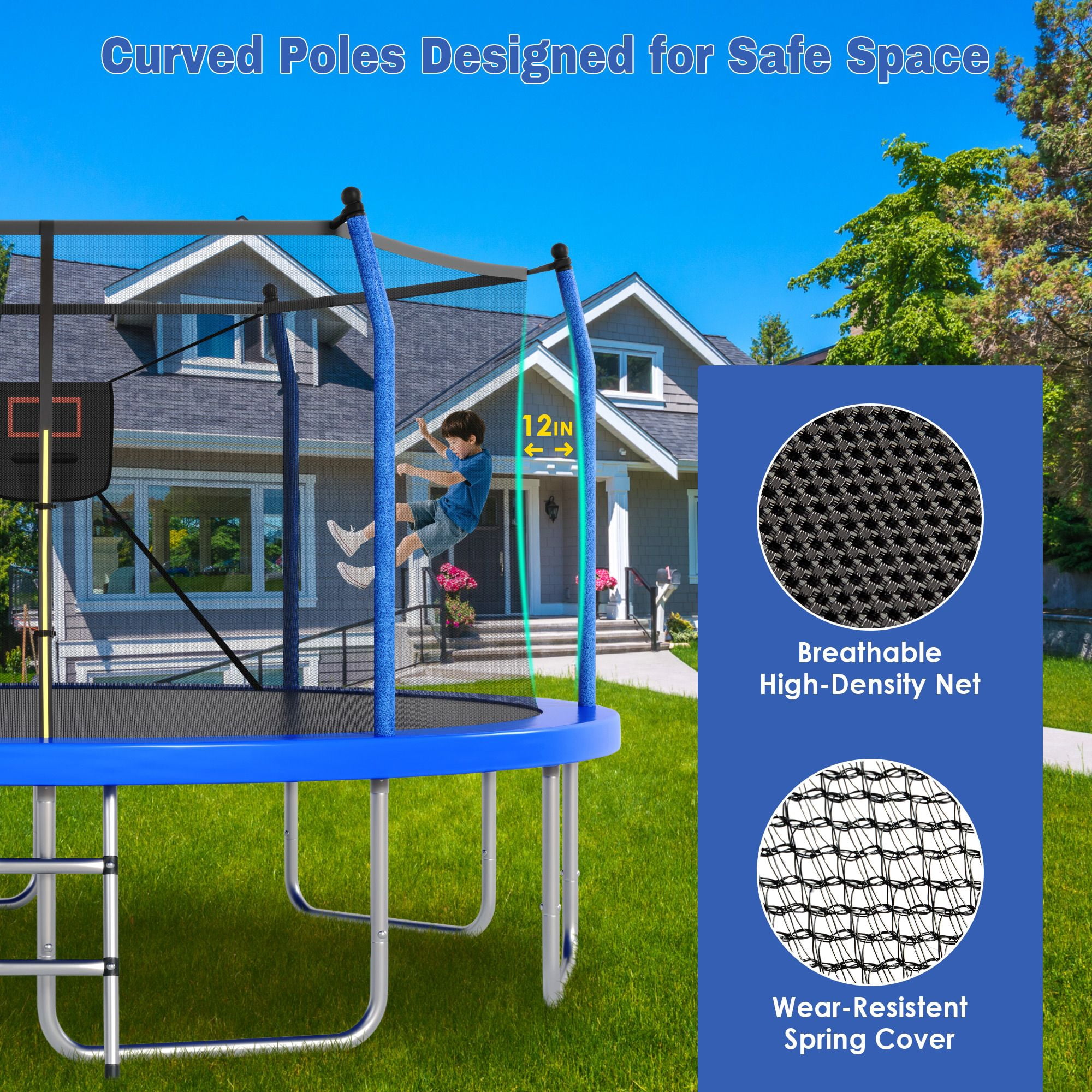 Alvantor 14ft Trampoline with Basketball Hoop & Lights, Outdoor Round Trampolines for Kids with Enclosure net Blue