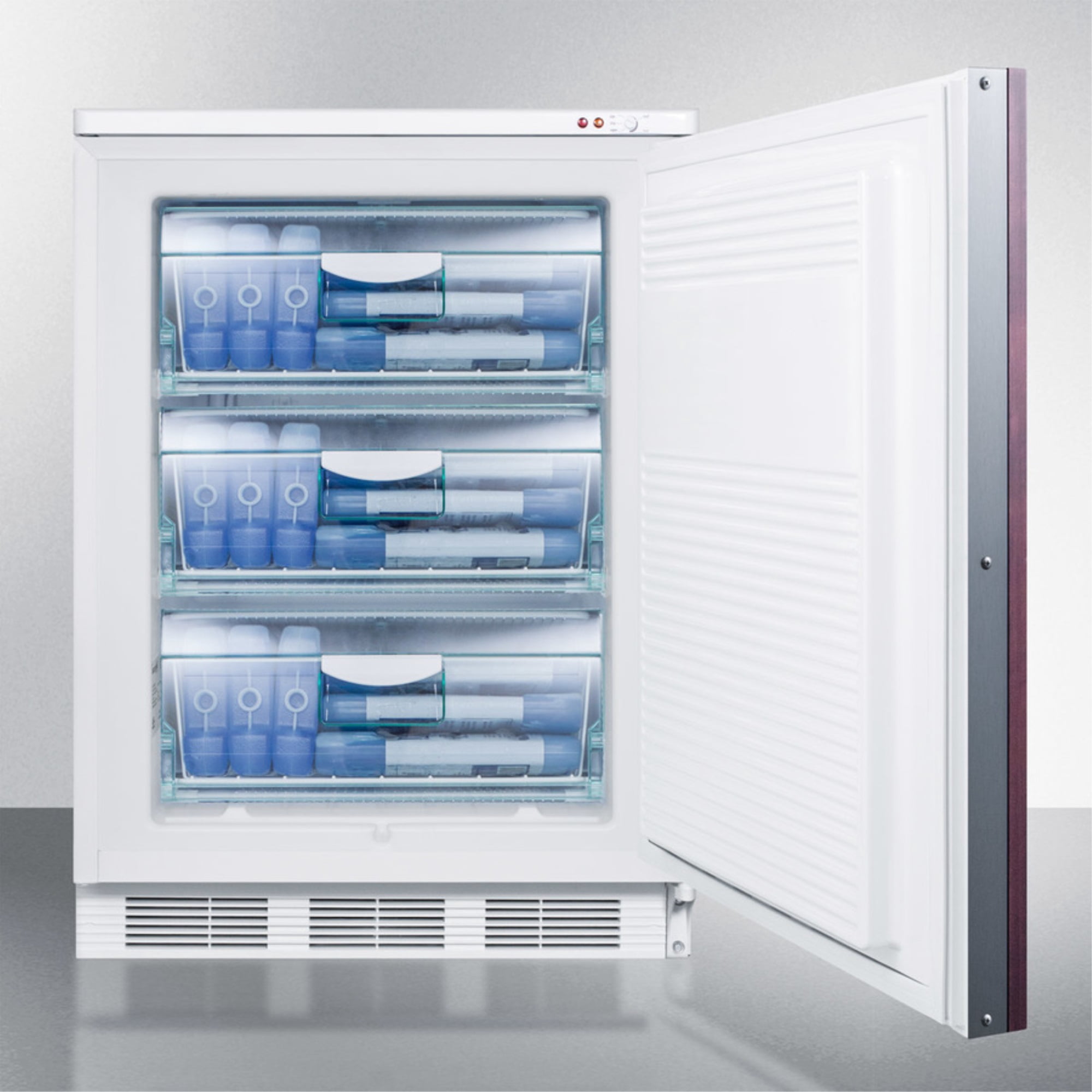 Built-in medical all-freezer with lock, capable of -25 C operation; door accepts custom overlay panels