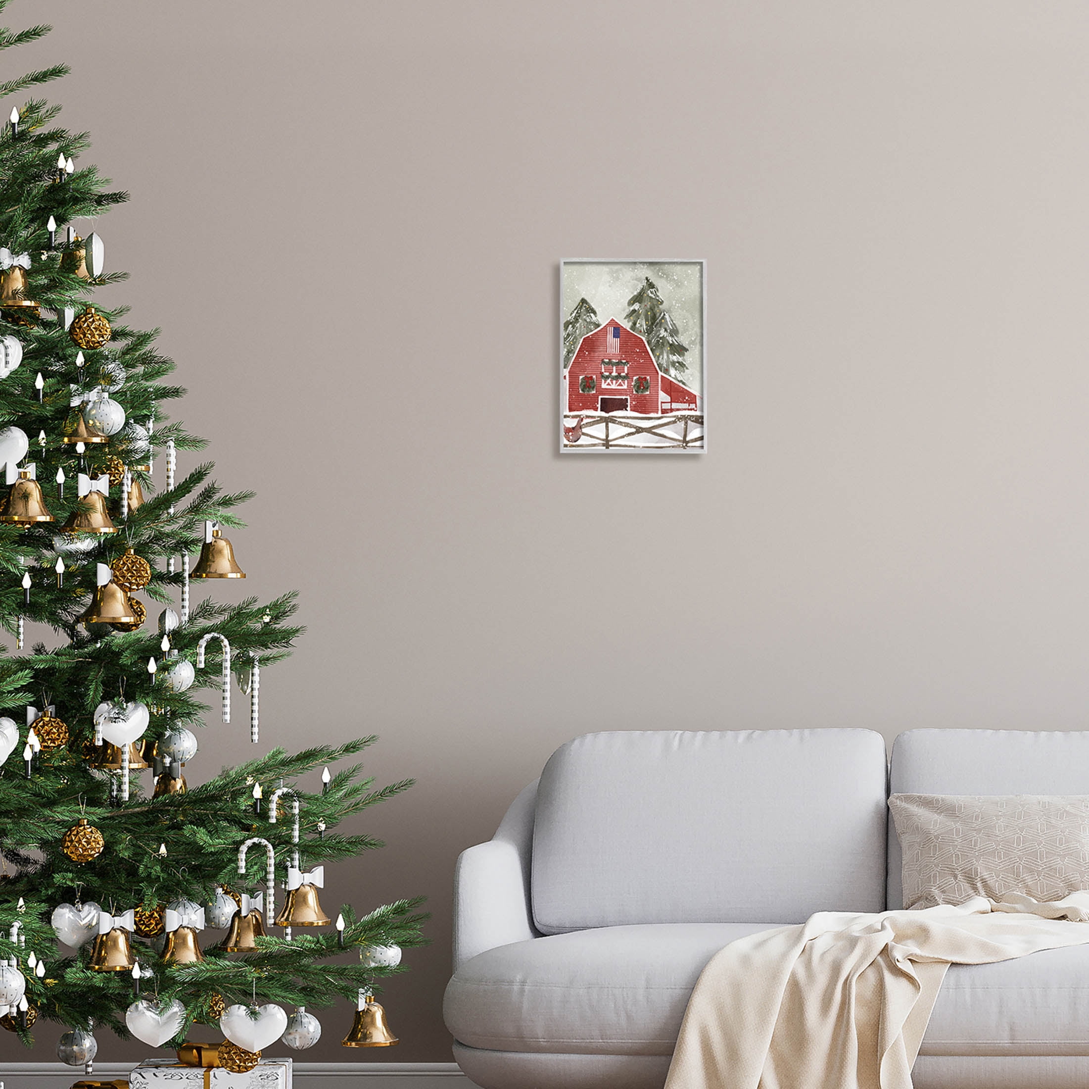 Stupell Industries Americana Barn Holiday Snow Scene Graphic Art Gray Framed Art Print Wall Art, Design by Laura Konyndyk