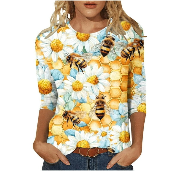 Tnhcen Women's Fall World Bee Day Print Crewneck 3/4 Sleeve Loose Fit T-Shirt - Plus Size Friendly Autumn Graphic Tops S-5XL