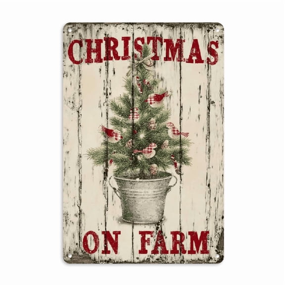 Vintage Gifts Christmas Tree Metal Signs, On The Farm Xmas Winter Holiday Signs Decor for Home Farmhouse, Winter Wall Art 8x12 Inch Decor Gifts, 2D Flat