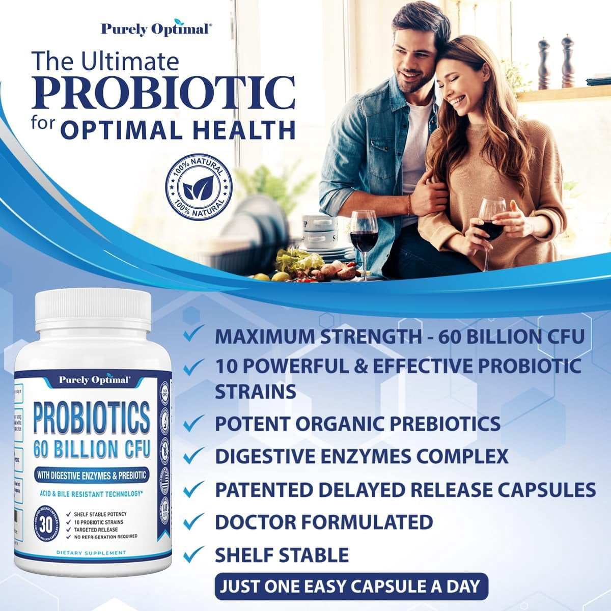 Purely Optimal Probiotics for Women & Men - 60 Billion CFU, Gut Health Supplement, 30 Count