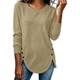 thumbnail image 2 of VBVC Women's Crew Neck Tunic Sweatshirt , Ladies' Long Sleeve Side Button Pullover , Casual Fall Curved Hem Tops For Women, Khaki , S-2XL, 2 of 7