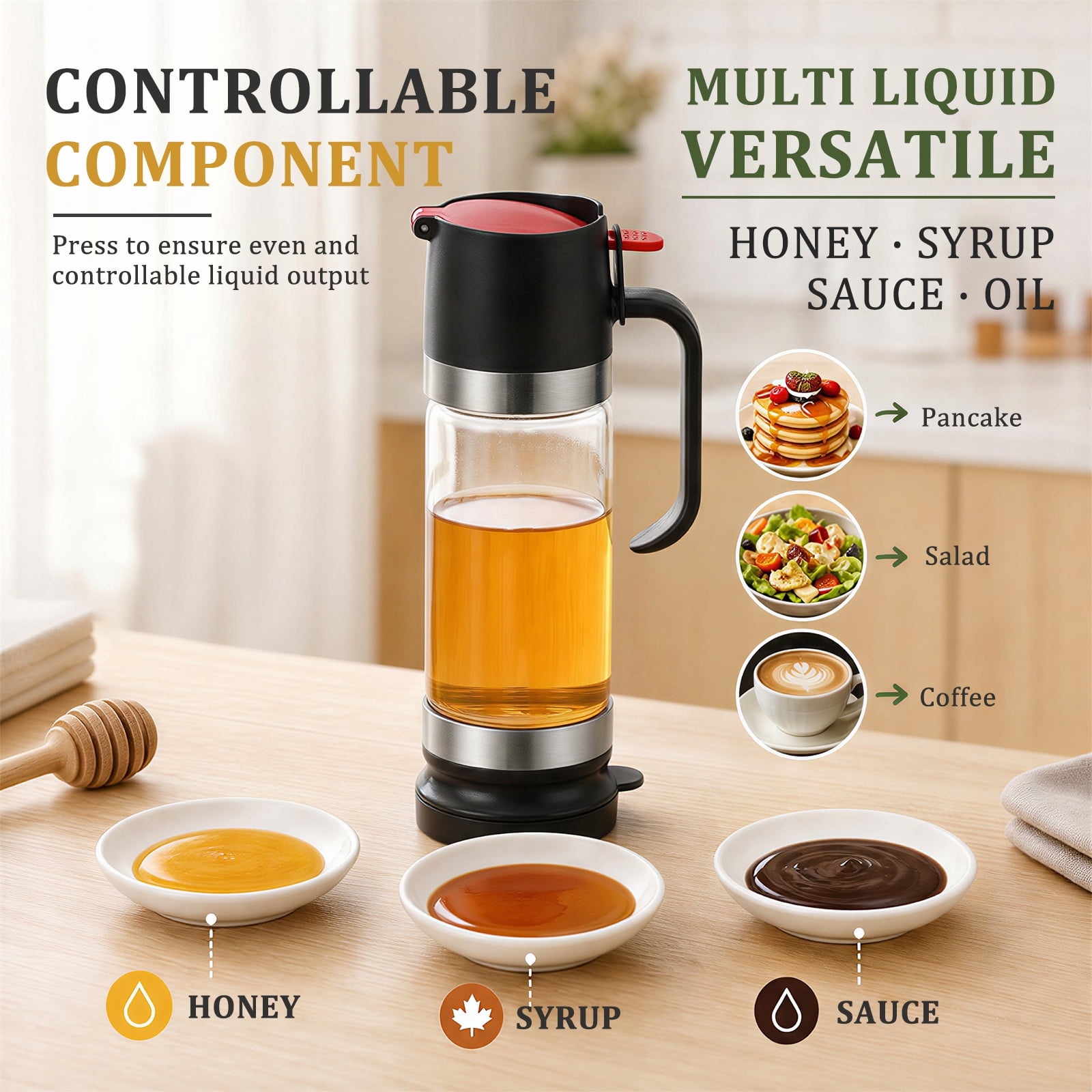 Toorise Glass Honey Dispenser 11.83oz No Drip Honey Jar with Handle Mess Free Glass Maple Syrup Dispenser for Coffee Tea Pancake