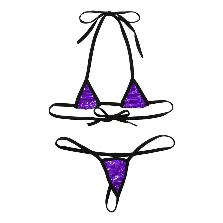 YIZYIF Womens Mini Bikinis Set Shiny Metallic Bra Top with G-String Thong  Exotic Lingerie Micro Swimsuit Purple One Size
