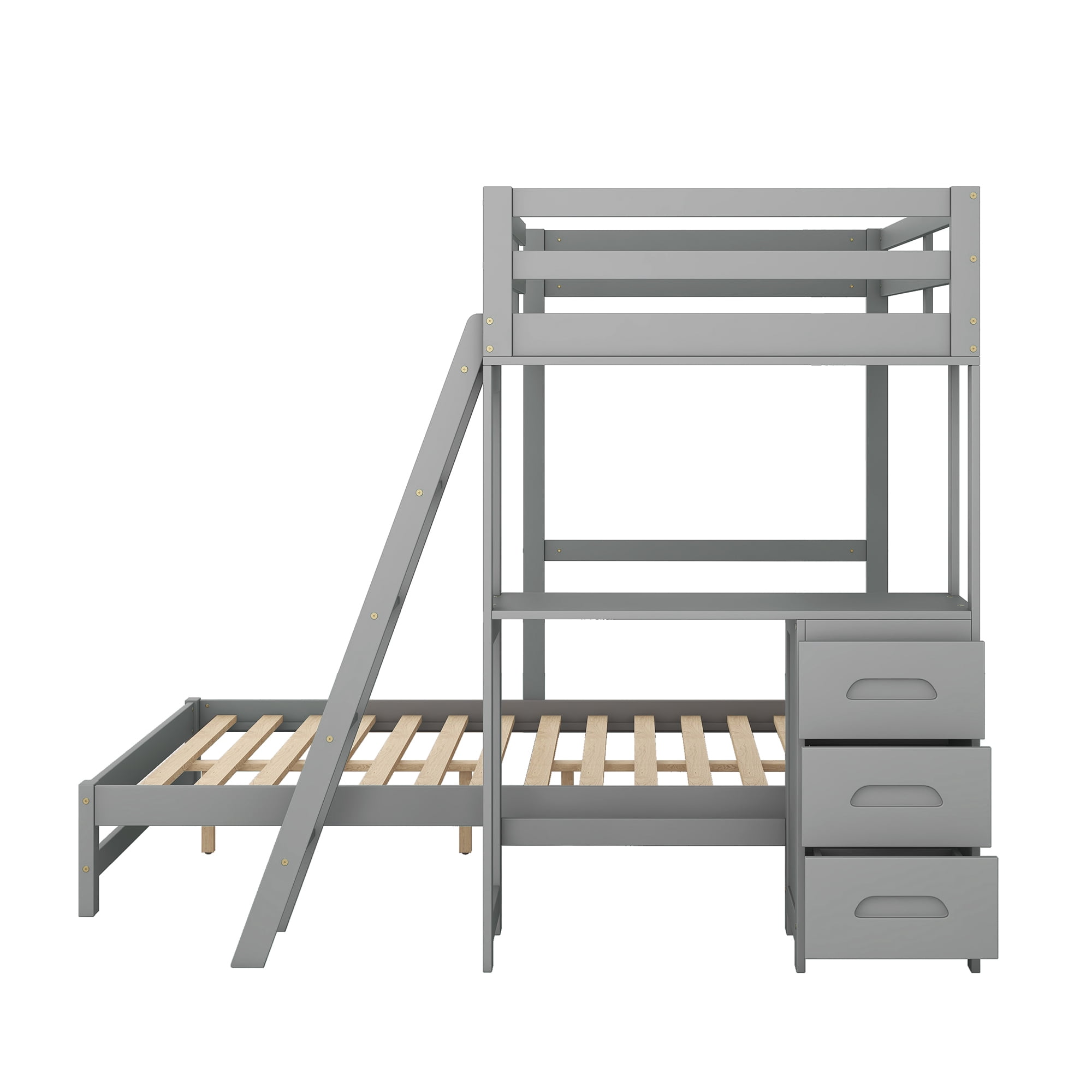 EUROCO Twin over Full Bunk Bed with Desk and Drawers for Kids Teens Room, Gray