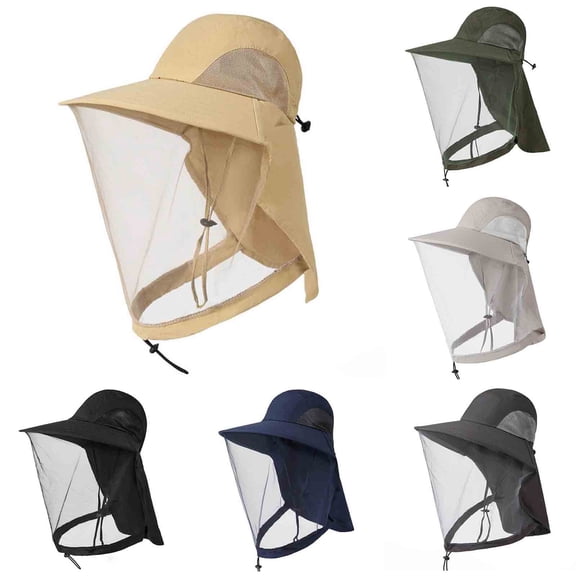 Jessboyy Mens Mosquito Net Hat with Neck Cover Summer Sun Hat Wide Brim Outdoor Hiking Gardening Hats Breathable Bucket Hat Khaki
