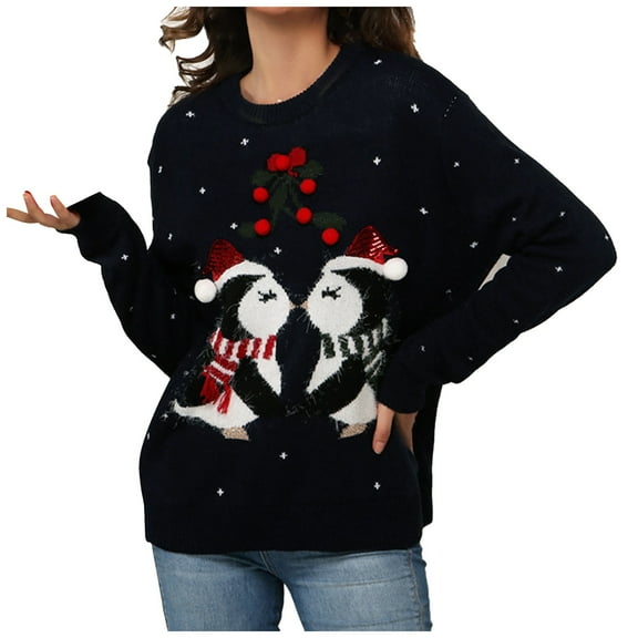 Women's Sweaters Trendy Pullover Christmas Penguin Pattern Long Sleeve Knitwear Womens Blouse,Dark Blue,XL