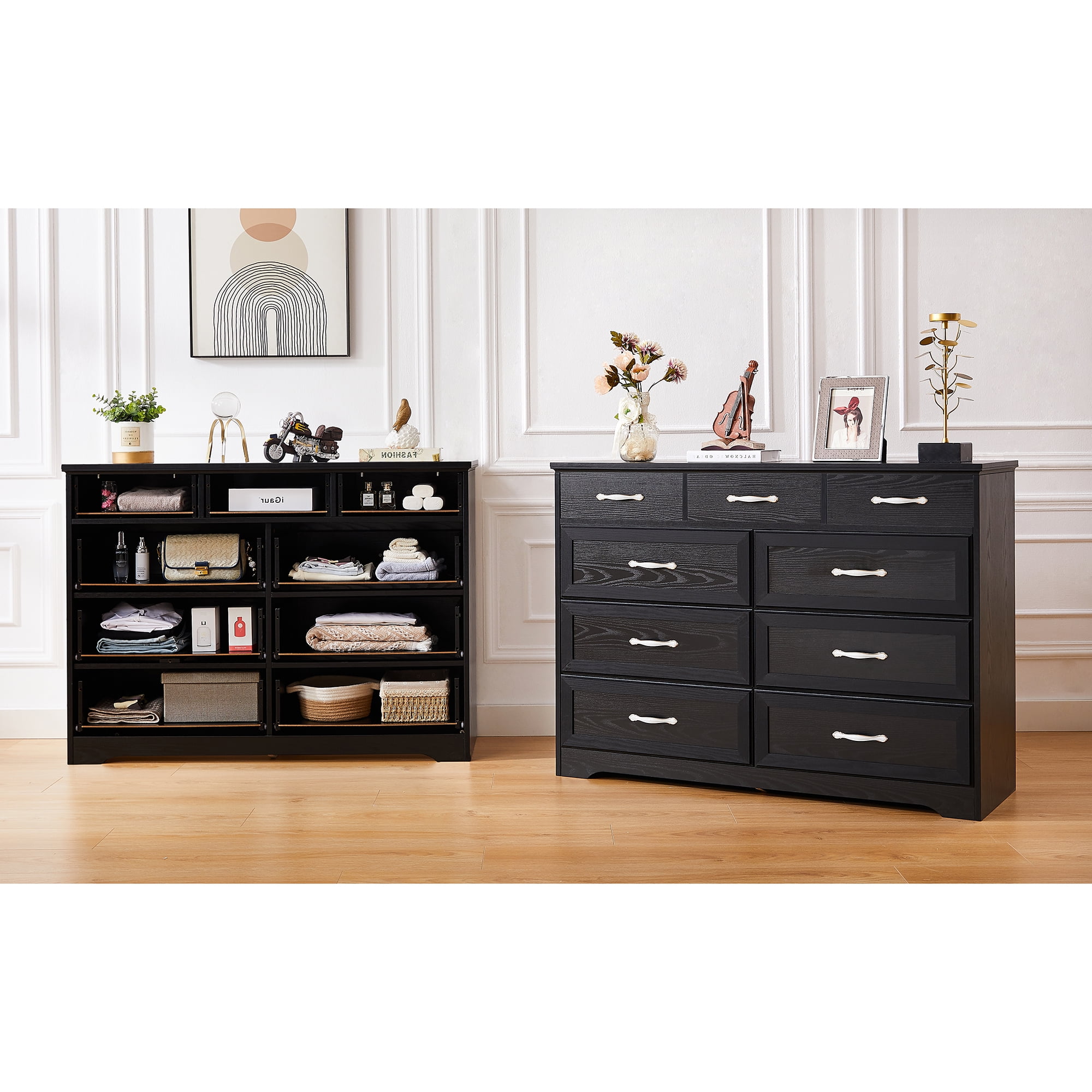 Kadyn 9 Drawer Long Dresser, Nursery Dresser with Antique Handles, Chest Of Drawers for Kids Room, Entry And Hallway, Black Kadyn 9 Drawer Long Dresser, Nursery Dresser with Antique Handles, Chest Of Drawers for Kids Room, Entry And Hallway, Black