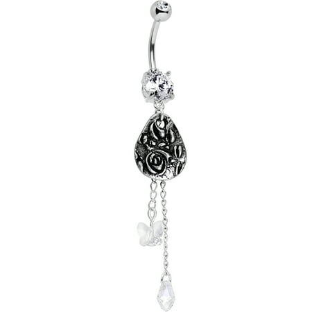 Fossil Candy - Body Candy Handcrafted Steel Rose Fossil Dangle Belly Ring Created with Swarovski Crystals