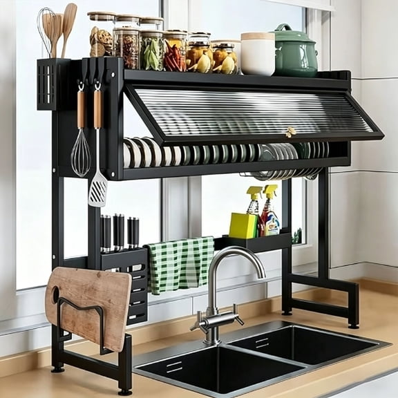 iFCOW Over The Sink Dish Drying Rack, 2 Tier Stainless Steel Dish Drainer with Cabinet Doors and Utensil Holder, for Kitchen Storage Counter Organizer Space Saving