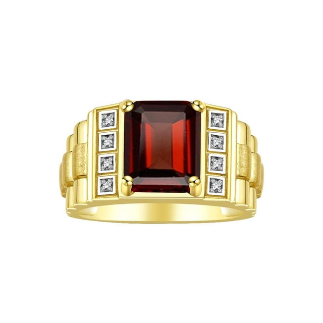 RYLOS Men's Rings Yellow Gold Plated Silver Designer Style 10X8MM Emerald Cut Shape Gemstone & Diamonds Garnet January Birthstone Rings For Men Size 10