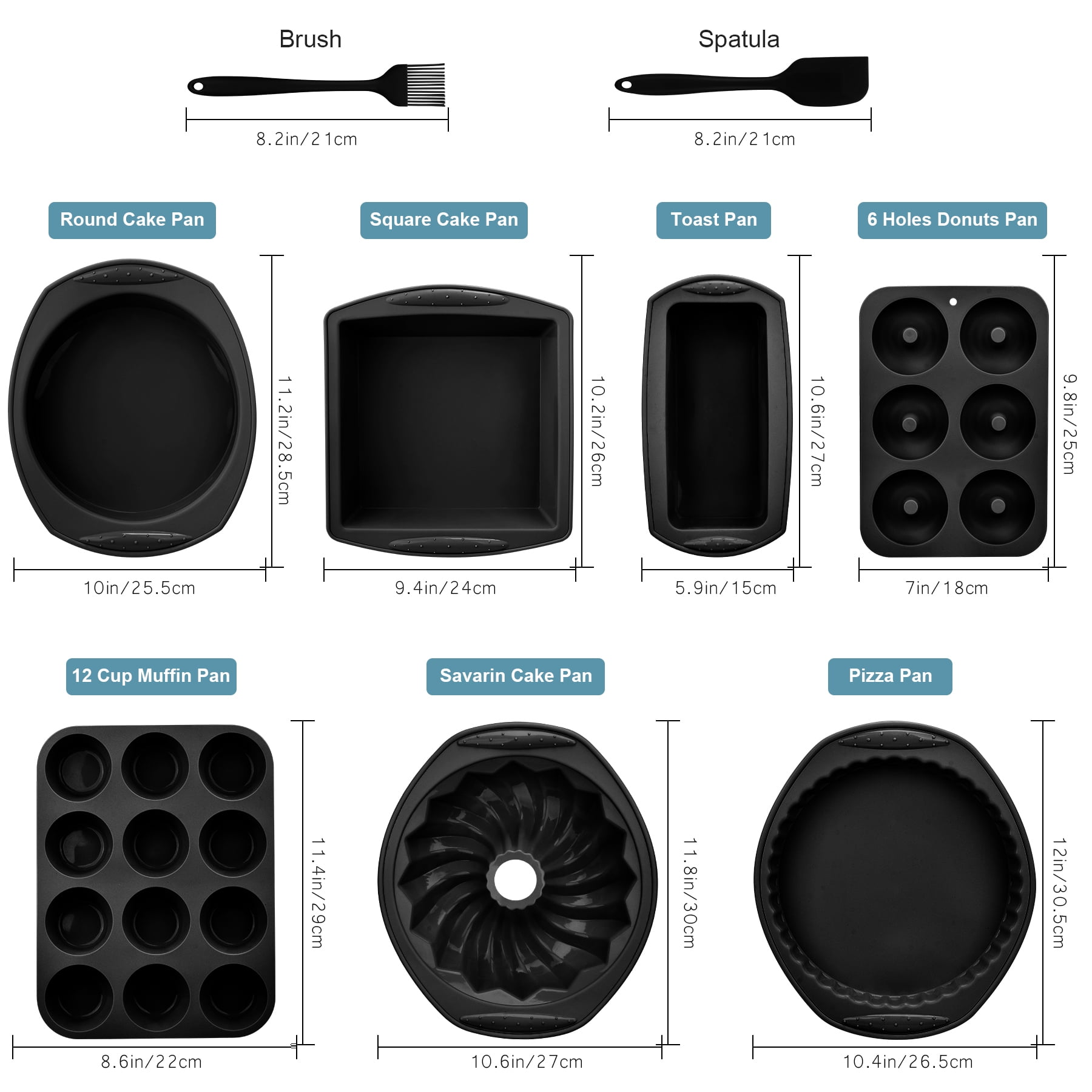 9in1 Nonstick Silicone Baking Fluted Cake Pan Cookie Sheet Molds Tray Heat Resistant Bakeware Tools Kit for Muffin Loaf Bread Pizza CupcakeUtensil（Black）