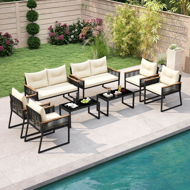 Costway 8 PCS Patio Furniture Set with Tempered Glass Coffee Table PE Wicker Rattan Chairs
