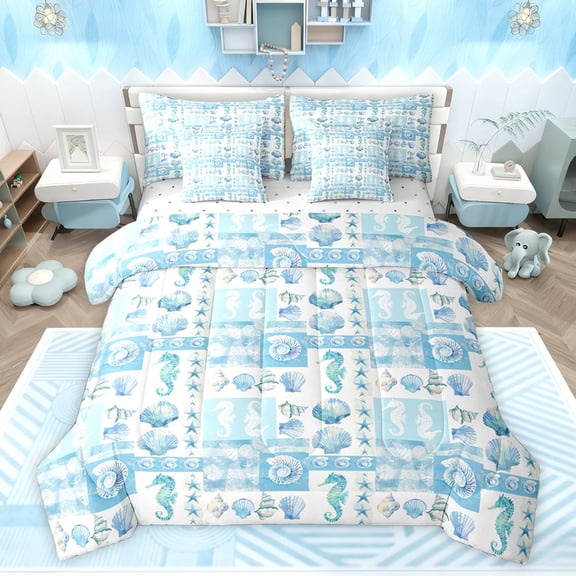 Feelyou Blue Ocean Starfish Bedding Comforter Set 7pcs, Seahorse Sealife King Bedding Sets