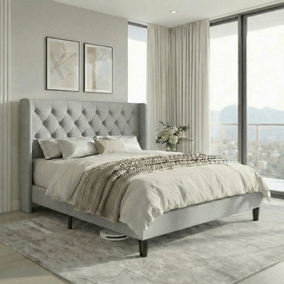 Einfach Upholstered Platform Bed with Classic Button Tufted Headboard, Wingback Design, Light Grey, Queen