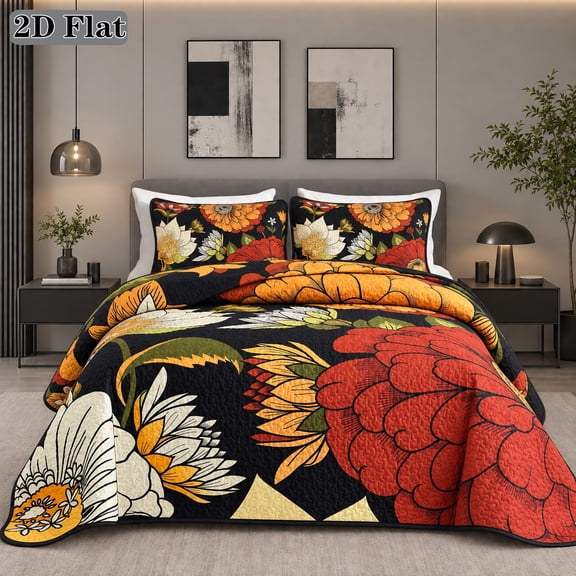 2/3PCS 2D Flat Christmas Vintage Floral Bedspread Set With Pillowcase (1 Bedspread 1 Or 2 Pillowcases)(Twin)