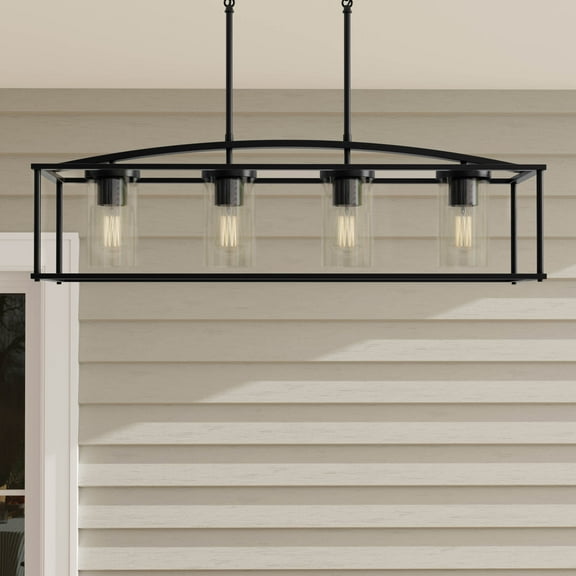 Swansea Collection Four-Light 36" Matte Black Transitional Outdoor Chandelier with Clear Glass Shades