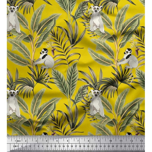 Soimoi Modal Satin Fabric Leaves & Lemur Animal Print Fabric by Yard 42 Inch Wide