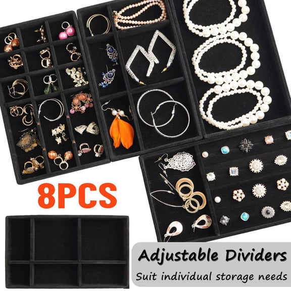 8 PACK Stackable Velvet Jewelry Trays Organizer(Black), Jewelry Storage Display Trays for Drawer, Earring Necklace Bracelet Ring Organizer
