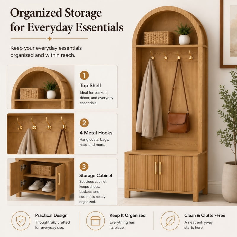 Farmhouse Style Arched Top Hall Tree, Shoe Bench with Storage Cabinet, Coat Rack Organizer with 4 Hooks and 2 Fluted Doors