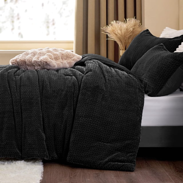 Juego de edredón ChixPace Fluffy Queen con 2 fundas de almohada, color negro