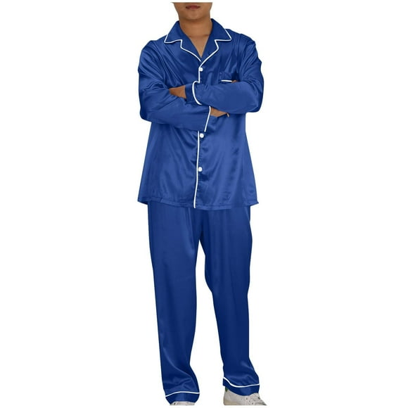 Hot6sl Summer Savings Clearance Pajama Sets,Satin Silk Men Pajamas Long Sleeve Long Pants Pajama Set Nightshirt Casual Pijama Comfy Sleepwear,Men Pajamas|Blue,M
