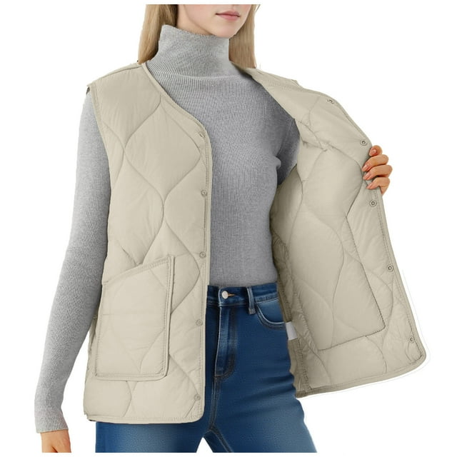 Mevxay Womens Plus Size Puffer Vest Lightweight V Neck Sleeveless Quilted Jackets Button Fall Spring Coat Outerwear with Pocket Beige S