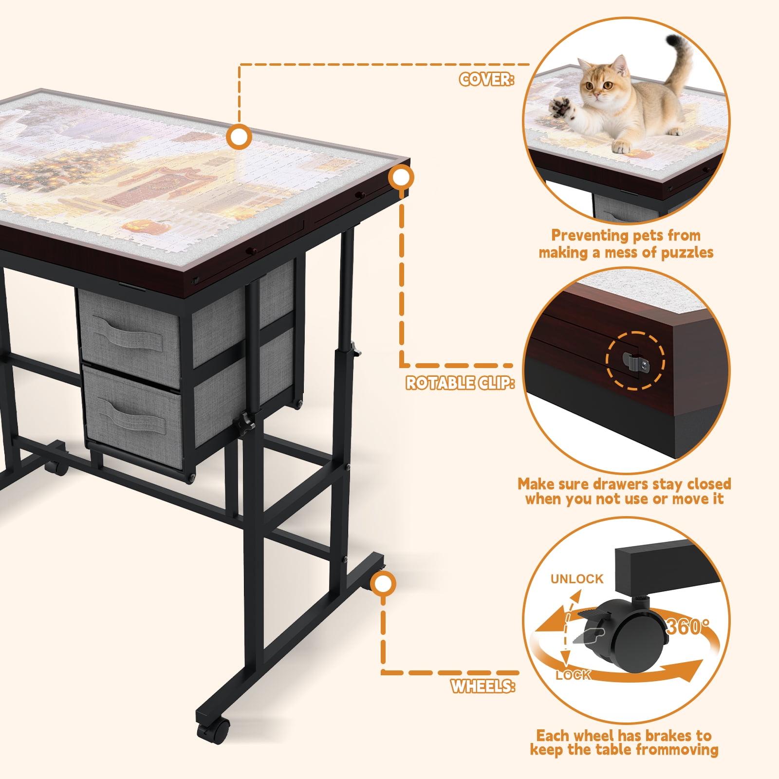 Jigsaw Puzzle Table for Adults with 6 Drawer and Legs, 1500 Pieces Puzzle Table with Protective Cover&Wheels, Adjustable Height and Five up Angles, Coffee&Gray