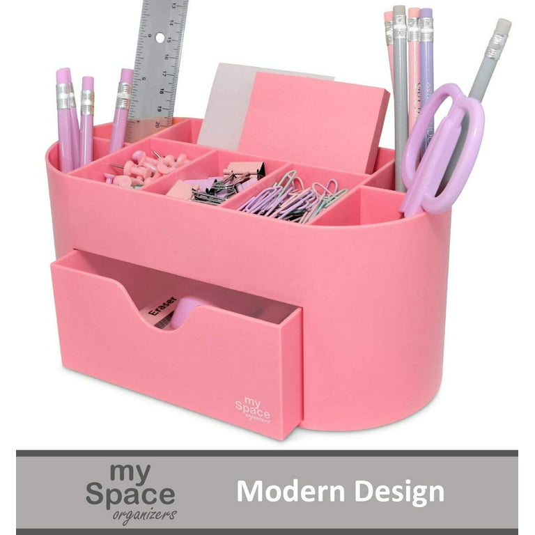 Multifunctional Desk Organizer Pen Holder - Efficient Space Saving, 7  Compartments, Plastic Office Organizer with Drawer Table Organizer - Pink