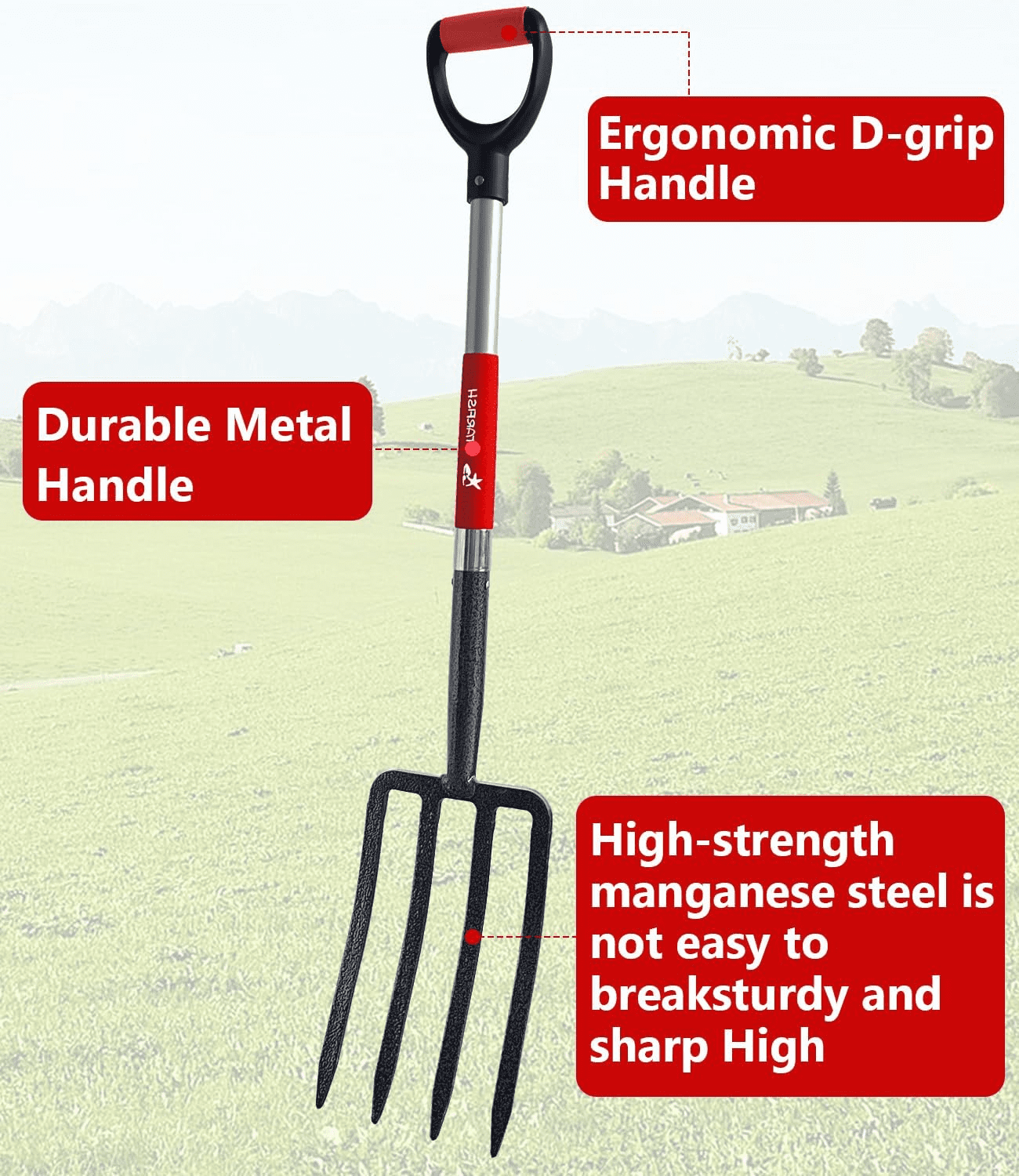 NOMIGO Hay Fork 4-Tine Steel Pitchfork with Ergonomic D-Handle for Gardening, Digging, Composting, Aerating