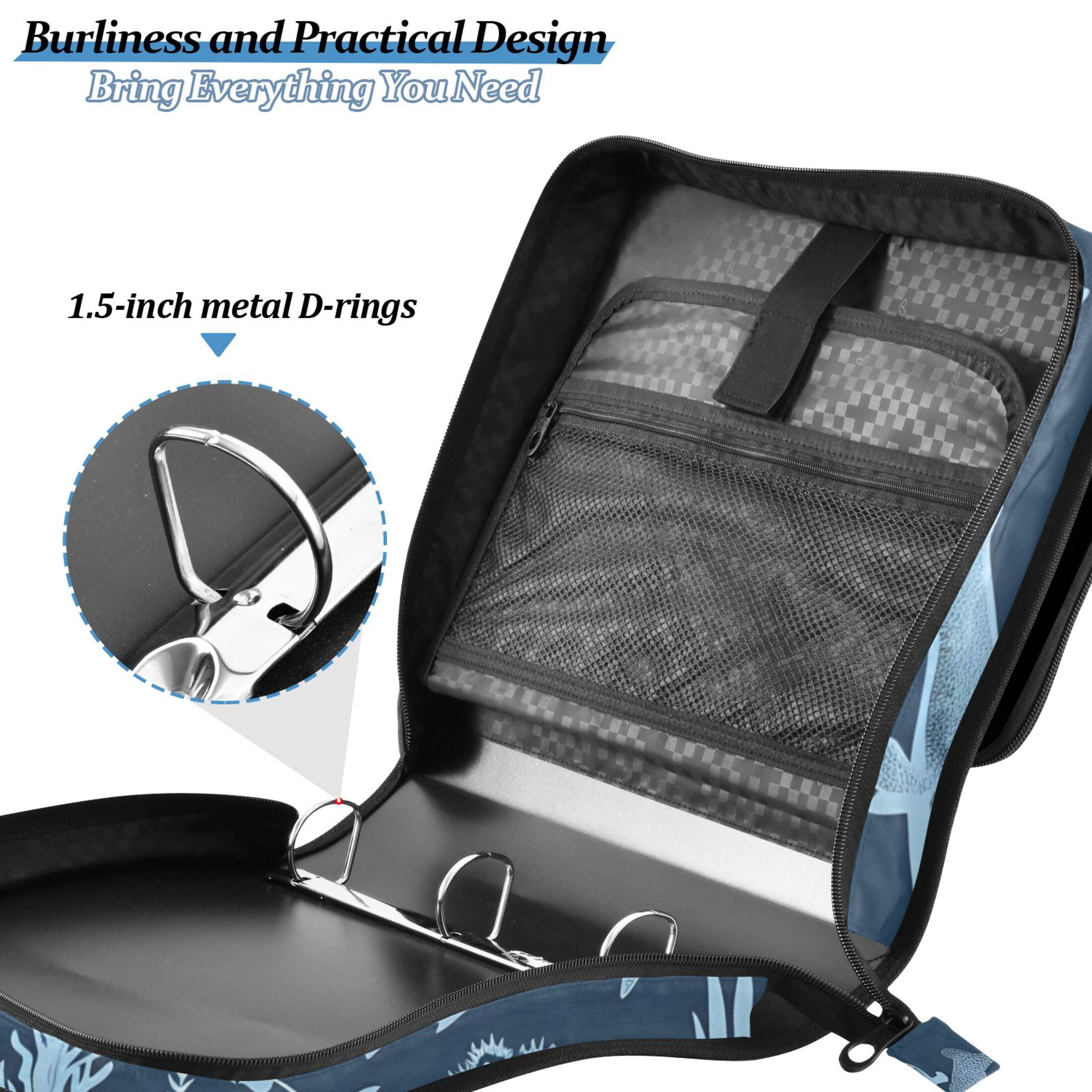 3 Ring Zipper Binder with Shoulder Strap Waterproof Trapper Keeper 2 Inch D-Ring 500 Sheets Capacity Marine Life Silhouettes