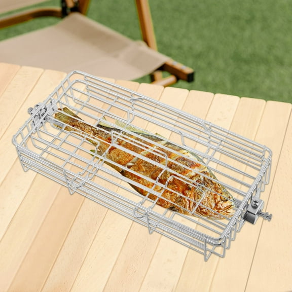 KONTONTY Portable Rotating Grill Rack for Fish Chicken Wings Lamb BBQ Tool Rotisserie Cage Fish Basket Stainless Steel for Outdoor Grilling and Camping