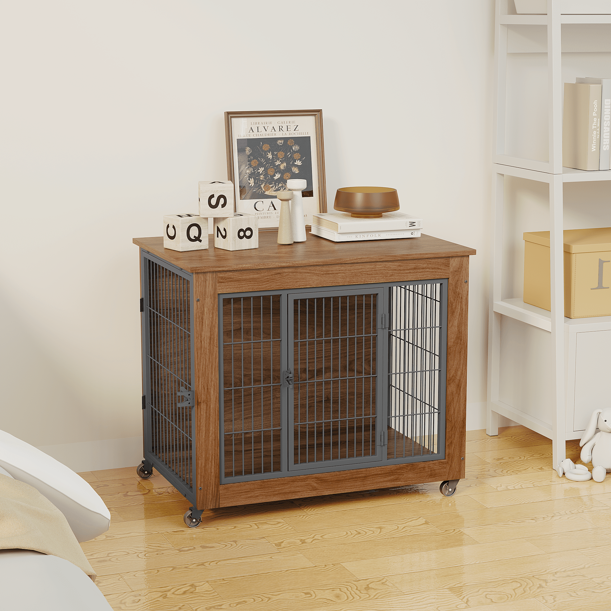 32.5" Dog Crate Furniture with Wheels for Small Dogs, Heavy Duty Dog Kennel Indoor with 2 Doors, Wooden Pet Cage End Table, Double-Doors Sturdy Metal Dog Cage for Anxiety Dog
