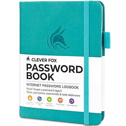 Libro contraseñas Clever Fox con pestañas. Organizador direcciones e contraseñas en formato libro con pestañas (Turquesa)