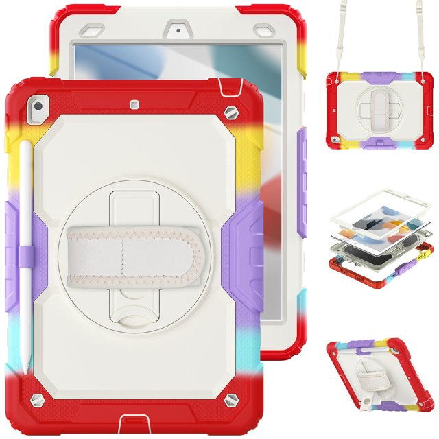 XYX For iPad 9th/8th/7th Generation 10.2 inch Case, 360 Rotating Shockproof Cover with Stand, Screen Protector, Shoulder Strap, Rainbow Red