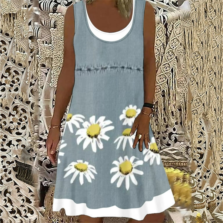 Women Tummy Hide Swing Dress Plus Size Loose Tank Dress Fake Two Piece Midi  Sundress A-Line Bohemian Beach Dress 