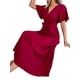thumbnail image 5 of VISgogo Vestido casual para mujer, cuello en V, manga corta, plisado, dobladillo grande, color sólido, vestido largo con cinturón VISgogo moda, 5 of 7