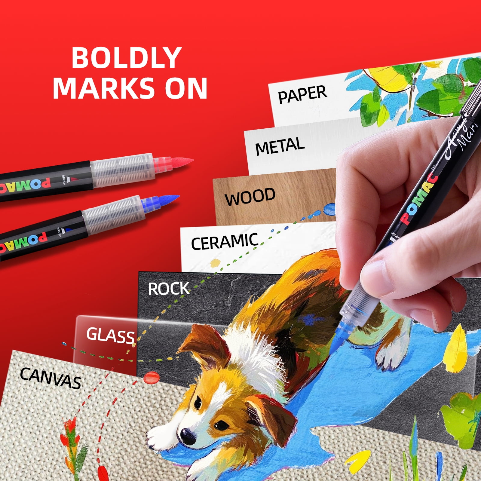 POMAC 60 Colors Acrylic Paint Markers, Water-Based Acrylic Pens Brush Tip, Art Drawing Liquid Paint Pens for Fabric, Canvas, Rock, Glass, Wood, Paper, DIY Crafts and Art Supplies
