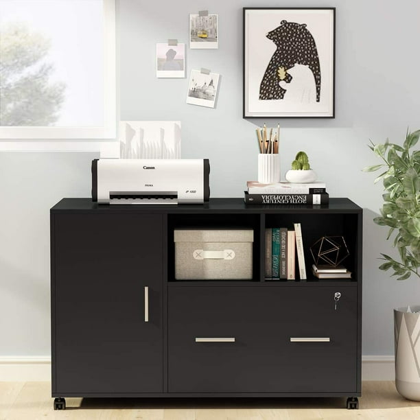 Large File with Lock and Drawer, Modern Mobile Lateral Filing Printer Stand