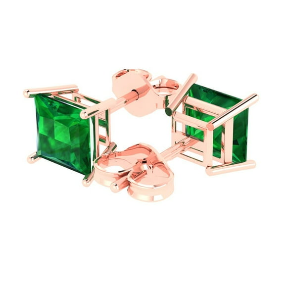 3.0 Ct Princess Cut Studs Green Emerald 14K Rose Solid Solid Gold Everyday Dainty Earrings Push Back