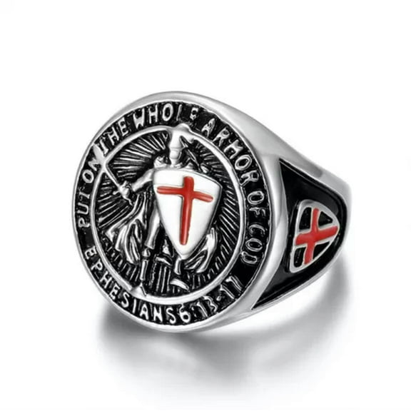 K-KED Men's Vintage Templar Knight Red Cross Shield Stainless Steel Rings Size 7-13-Silver-10