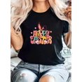thumbnail image 1 of Happy Easter" Graphic Tee - Soft & Comfy Polyester, Casual Round Neck Short Sleeve T-Shirt with Colorful Easter Eggs & Bunny Design, Machine Washable for Summer Wear, Cute T Shirts Tee For Adult, Men, 1 of 7