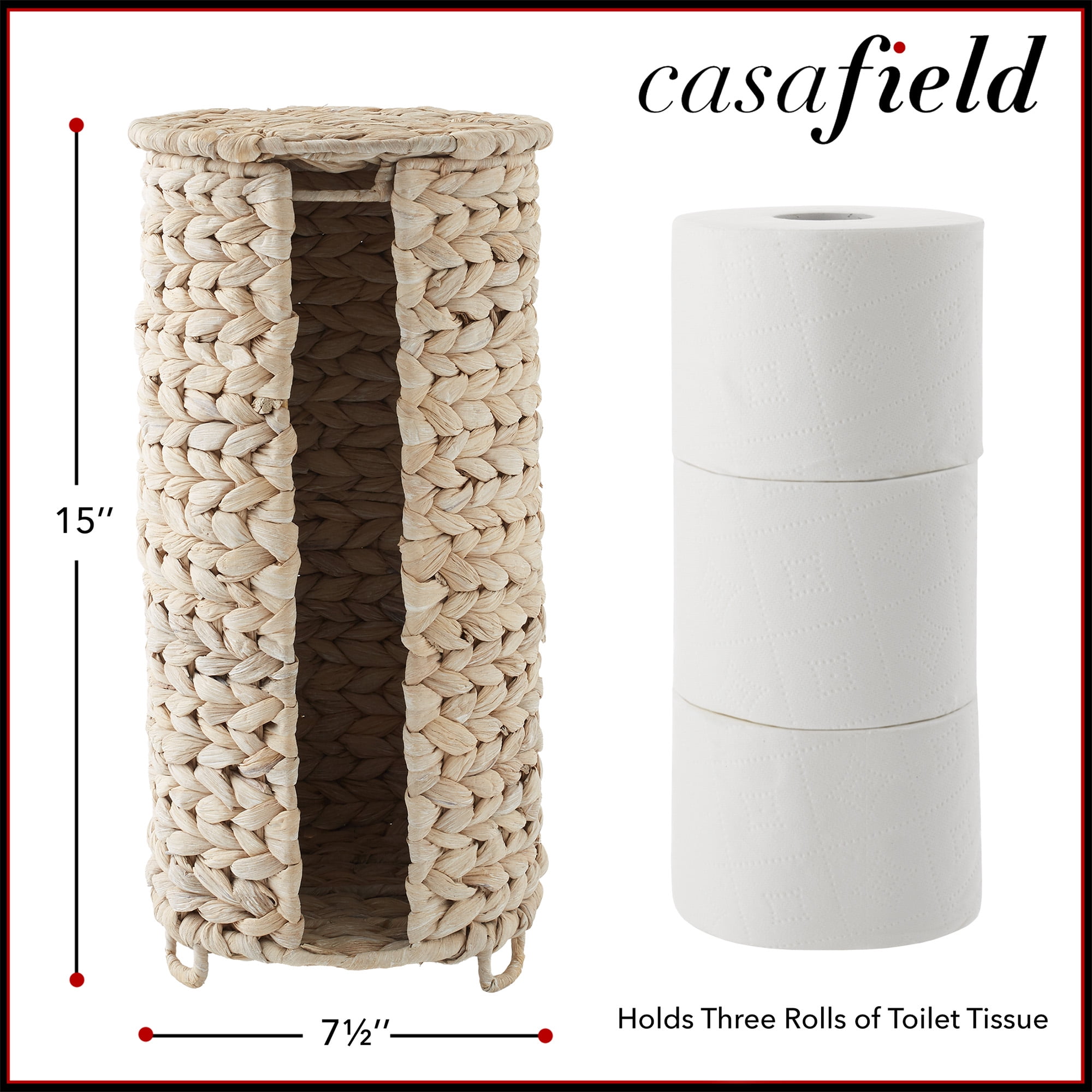Casafield Toilet Paper Roll Holder with Lid - Whitewash, Fits 3 Rolls, Free Standing Water Hyacinth Bath Tissue Storage Organizer for Bathroom