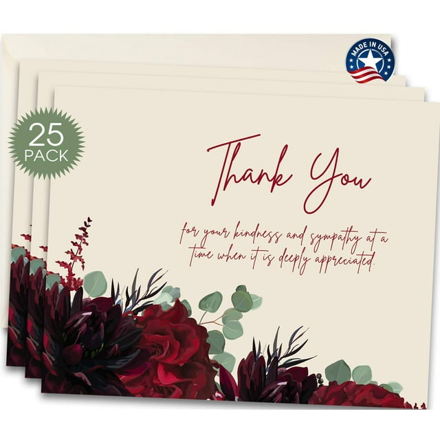 MPC Brands Blank Funeral Thank You Cards - Sympathy Bereavement Thank You Cards With Envelopes - Message Inside (25 Red Floral)