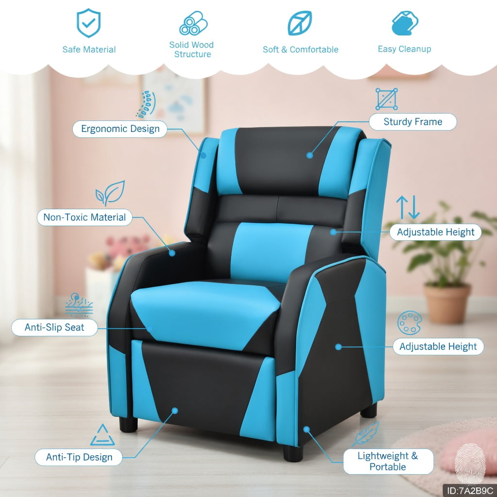 Barara King Kids PU Leather Recliner Chair with Headrest and Footrest, Kids Gaming Sofa Recliner Chair for Living Room, Bedroom, Blue