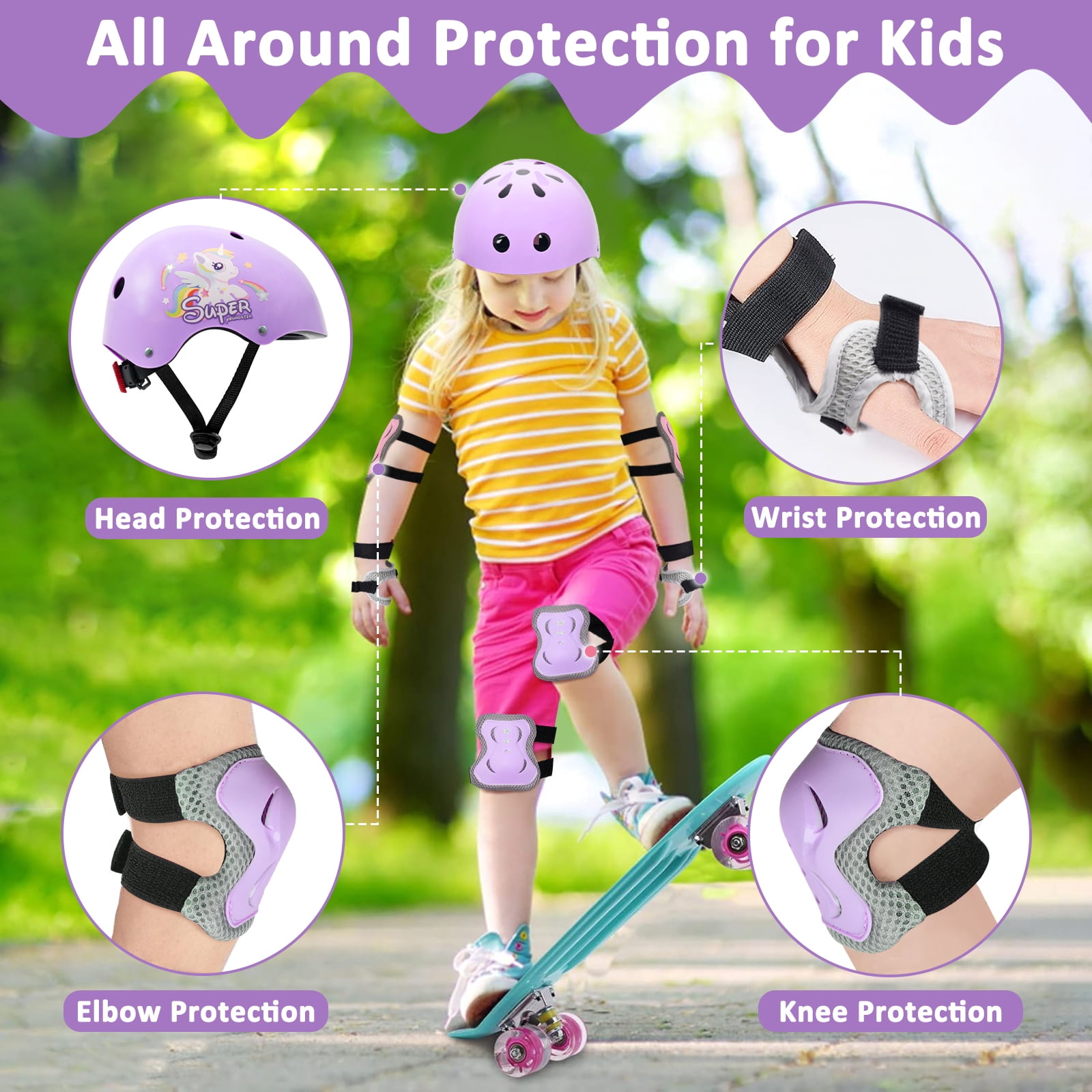 Adjustable Kids Bike Helmet Set with Knee, Elbow and Wrist Pads, Toddler Helmet for Ages 3-5-8-14 Boys Girls, Protective Gear Set for 3-14 Kids & Youth, for Bikes Skateboards Rollerskates
