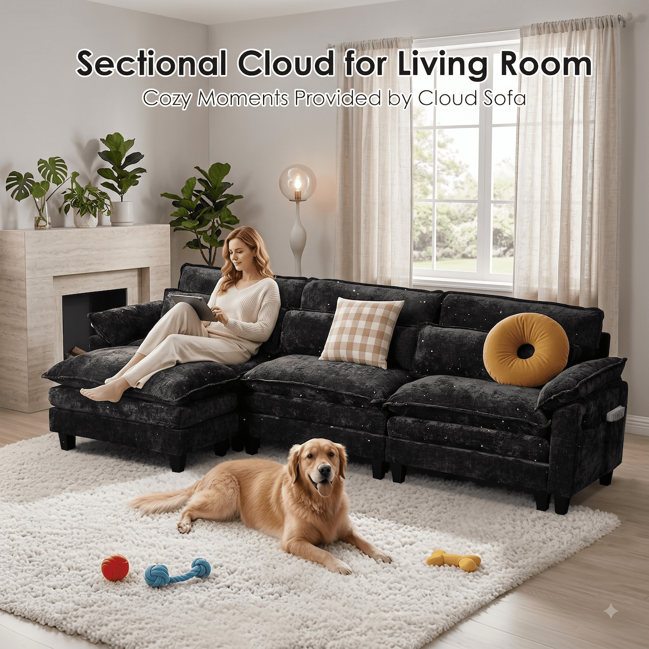 148" Convertible Cloud Sectional Sofa, Modern Chenille L Shaped Couch with Reversible Chaise, Deep Seat 5 Seat Sectional Sofa with Pillows, Comfy Upholstered Couch for Living Room Apartment (Black)